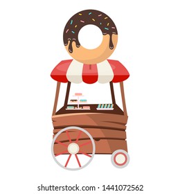 Donut food truck flat vector illustration. Mini candy store on wheels. Desserts sale. Street food vehicle. Snacks trade sat fair. Bakery cart isolated on white background