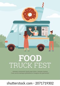 Donut food truck on summer festival vector flayer. Man in van sells doughnuts and soft drinks to a woman at outdoor foodtruck festival on green lawn. Cartoon flat vector illustration.