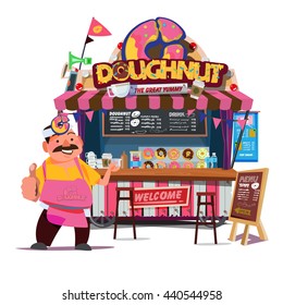 Donut Food Truck. Street Food Truck concept with merchant character design - vector illustration