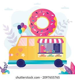 Donut food truck. Street fast food van minibus, meals on wheels. Small business concept. Truck with fresh doughnuts and drinks. Flat vector illustration