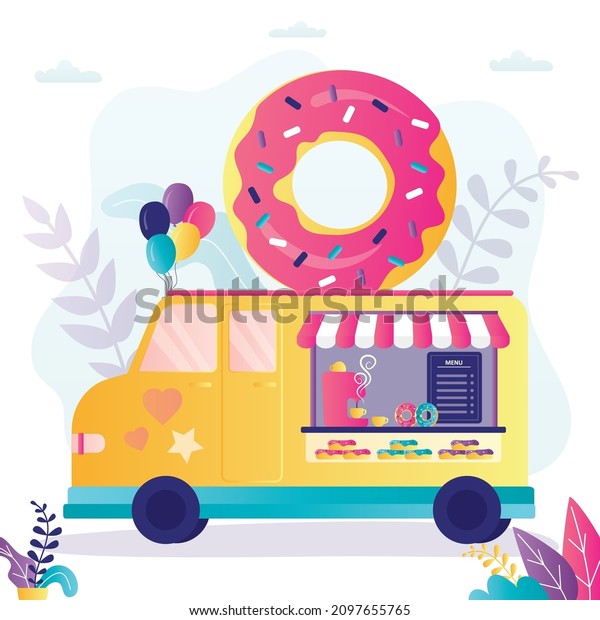 Donut food truck. Street fast food\
van minibus, meals on wheels. Small business concept. Truck with\
fresh doughnuts and drinks. Flat vector\
illustration