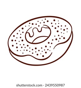 Donut with frosting and sprinkles in line art style. Simple icon for food apps, bakery and cafe. Vector illustration isolated on a white background.