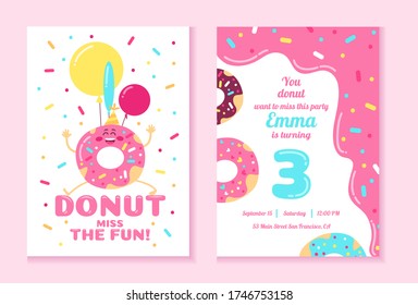 Donut Fun Party Invitation Design Template Vector Illustration. Bright Card With Cake Flat Style. Happy Birthday And Festive Celebration Concept. Isolated On Pink Background