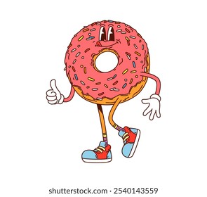 Donut sobremesa hippie groovy engraçado, doces e caráter doce. Isolado desenho animado vetor de massa donut personagem com sorriso funky, esmalte rosa, sapatos e polvilhos coloridos, encarna uma vibe vintage dos anos 70