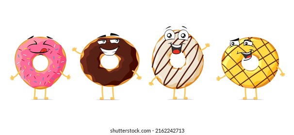 Donut funny smiling cartoon character set. Colorful doughnut cute happy face mascot collection. Vector sweet pastry joyful comic emoticons eps illustration