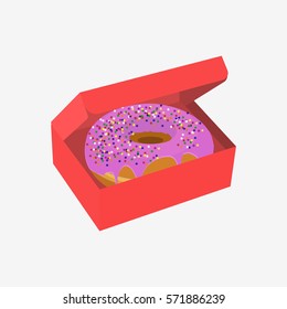 Donut as a gift. Sweet donut in box isolated on white background. Flat vector stock illustration