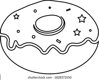 Donut with glaze contour isolated on white background. Vector black and white illustration. Great for labels, menus, posters, banners, vouchers, coupons, business promotion and more.