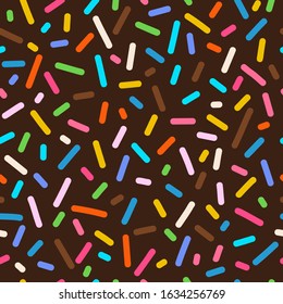 Donut glaze, creamy chocolate cupcake icing seamless pattern. Pastry decor on brown backdrop. Sugary dessert decoration creative fabric, textile, wrapping paper, wallpaper color vector design