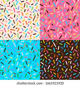 Donut glaze, dessert decoration seamless patterns set. Pastry, bakery, confection decor. Sugary snack, creamy cupcake icing fabric, textile, wrapping paper, wallpaper color vector designs collection