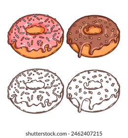 Donut with glaze icing and sprinkles dessert vector hand drawn coloring page for coloring book. Bake sweet dessert product. 