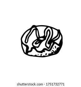 The donut in the glaze. Image of a donut with black lines on a white background. Bakery products.