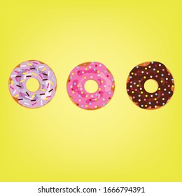 donut with glaze on yellow background. donut set isolates with colored sprinkles. Collection of tasty donuts for dessert, sweet, web design or print. Vector Illustration.