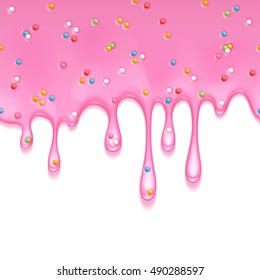 Donut glaze. Pink frosting with colorful sprinkles dripping seamless horizontal border. Liquid flow. Vector illustration. Sweet background.