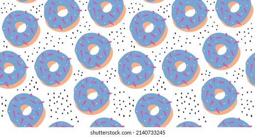 Donut with glaze, polka dots vector seamless pattern on white background. Seamless pattern. Vector illustration