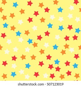 Donut glaze seamless pattern. Cream texture with sprinkle topping of colorful stars on yellow background. Food bakery decoration. Vector eps8 illustration.