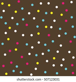 Donut glaze seamless pattern. Cream texture with sprinkle topping of colorful dots on chocolate background. Food bakery decoration. Vector eps8 illustration.