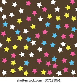 Donut glaze seamless pattern. Cream texture with sprinkle topping of colorful stars on chocolate background. Food bakery decoration. Vector eps8 illustration.