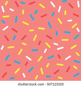 Donut glaze seamless pattern. Cream texture with sprinkle topping of colorful sprinkles on pink background. Food bakery decoration. Vector eps8 illustration.