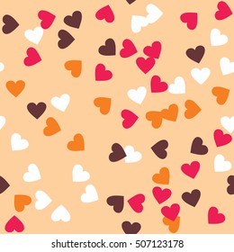 Donut glaze seamless pattern. Cream texture with sprinkle topping of colorful hearts on creamy background. Food bakery decoration. Vector eps8 illustration.