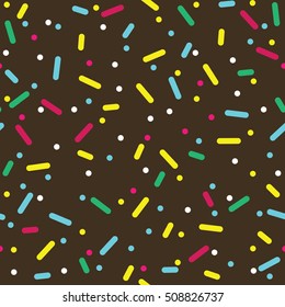 Donut glaze seamless pattern. Cream texture with topping of colorful sprinkles and beads on chocolate background. Food bakery decoration. Vector eps8 illustration.