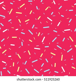 Donut glaze seamless pattern. Cream texture with topping of colorful sprinkles and beads on pink background. Food bakery decoration. Vector eps8 illustration.