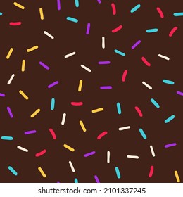 Donut glaze seamless pattern. Donuts glaze with sprinkle topping on a chocolate background. Vector illustration.