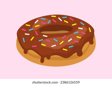 Donut with glaze with sprinkles. Dessert and delicacy for holiday and festival. Gourmet sweet product. Pastry and bakery. Cartoon flat vector illustration isolated on pink background