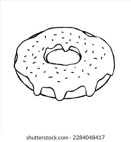 Donut with glaze. Sweet sugar dessert with icing. Outline cartoon illustration isolated on white background