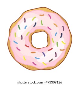 Donut with glazed sprinkles and frosting cream isolated on white background. Sweet tasty icing sugar doughnut. Donuts bakery cake vector icon illustration