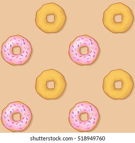 Donut with glazed sprinkles and frosting cream and simple donuts with icing sugar seamless pattern. Sweet tasty doughnut. Snack bakery cake vector icon illustration