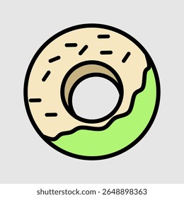 Rosca com glacê verde, polvilhos e uma marca de mordida, projetada em linhas negras e tons divertidos perfeitos para marca de alimentos, menus divertidos ou conteúdo doce