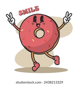 Donut groovy cartoon Fast food cute kawaii Vector illustration