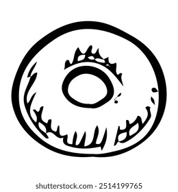 Donut dibujado a mano doodle. Panecillo frito. Pastel horneado. Panadería. Comida dulce. Pastelería casera. Pan de masa de trigo. Postre de galleta de azúcar. Vector boceto línea ilustración de arte.