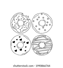 Ilustración dibujada a mano. conjunto de donuts vectoriales para su diseño. doodle aislado en fondo blanco