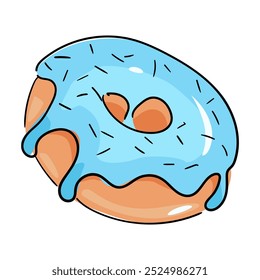 Donut Hand Drawn Vector Icon Illustration. Blue glaze Donut, Food Icon Concept White Isolated. Simple cute element for design