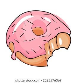 Donut dibujado a mano ilustración de icono de Vector. Donut de esmalte rosa, concepto de icono de comida blanco aislado. Elemento lindo simple para el diseño