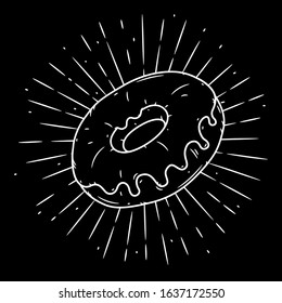 Donut. Hand drawn vector illustration with Donut and divergent rays. Used for poster, banner, web, t-shirt print, bag print, badges, flyer, logo design and more. 