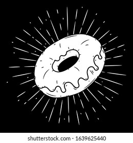 Donut. Hand drawn vector illustration with Donut and divergent rays. Used for poster, banner, web, t-shirt print, bag print, badges, flyer, logo design and more. 