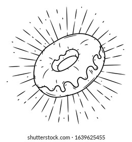 Donut. Hand drawn vector illustration with Donut and divergent rays. Used for poster, banner, web, t-shirt print, bag print, badges, flyer, logo design and more. 