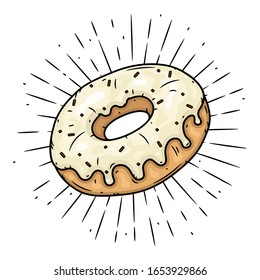 Donut. Hand drawn vector illustration with donut and divergent rays. Used for poster, banner, web, t-shirt print, bag print, badges, flyer, logo design and more. 