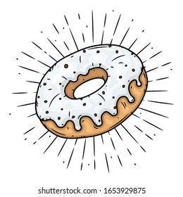 Donut. Hand drawn vector illustration with donut and divergent rays. Used for poster, banner, web, t-shirt print, bag print, badges, flyer, logo design and more. 