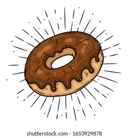 Donut. Hand drawn vector illustration with donut and divergent rays. Used for poster, banner, web, t-shirt print, bag print, badges, flyer, logo design and more. 