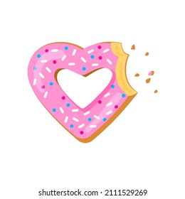 Donut heart bite vector icon for Valentines day, cartoon doughnut with pink glaze isolated on white background. Sweet food illustration