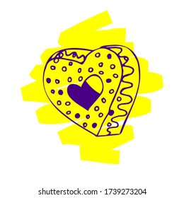 Donut heart on neon yellow texture. Doodle style for Logo, Icon, Card, Poster, Website. Vector Line Art Illustration for Design Tattoo, on Clothes, on Balloons. Colorful splash decor for cafe menu.