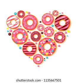 Donut heart. Pink donuts with different topping