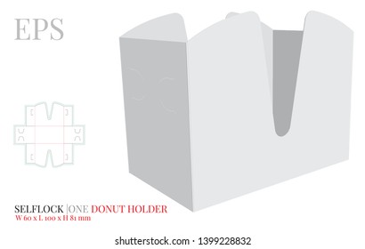 Donut Holder Template, vector with die cut / laser cut layers. Donuts carrier, Open Donuts Box. White, clear, blank, isolated Paper Donuts Holder mock up on white background, perspective presentation