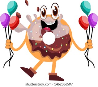 Donut holding balloons, illustration, vector on white background.
