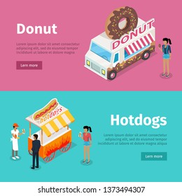 Donut and hotdogs mobile umbrella carts isolated on pink and blue backgrounds. Vector web poster of white minivan with doughnut on roof and girl near, stall with big hotdog, seller and two buyers