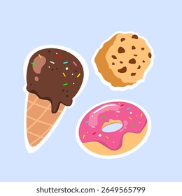 Donut, Ice Cream and Cookie set. Delicious and sweet food element. Can be used for sticker, print and decoration