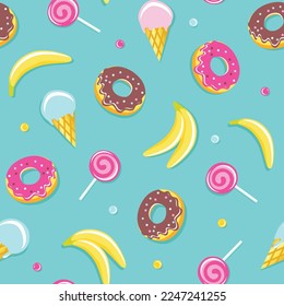 Donut, ice cream, lollipop banana seamless pattern. Cartoon sweet food. Vector illustration.